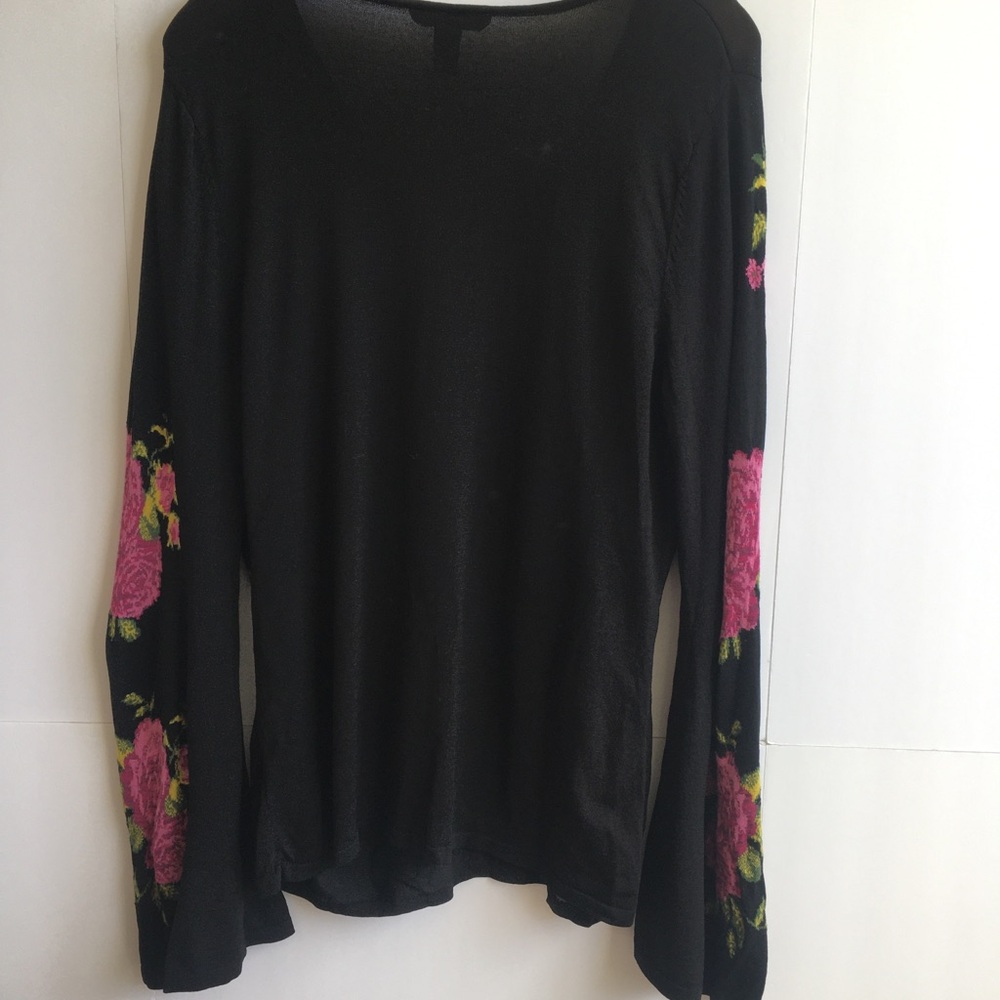 INC  Dramatic Sleeves Black V-Neck Sweater Pink Rose Embroidery - Picture 5 of 13